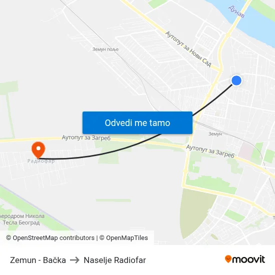 Zemun - Bačka to Naselje Radiofar map