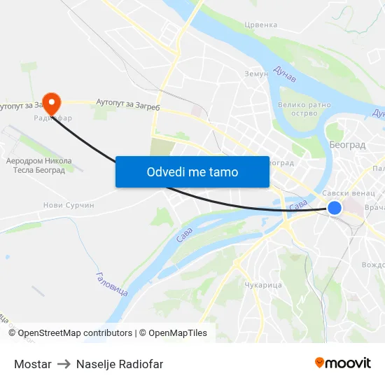 Mostar to Naselje Radiofar map