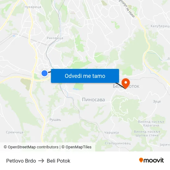 Petlovo Brdo to Beli Potok map