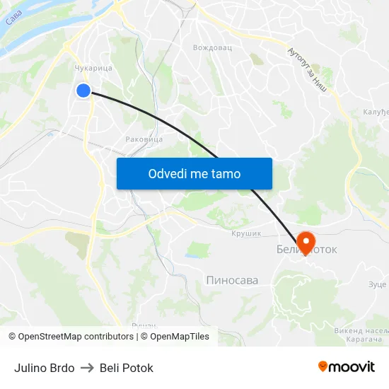 Јулино Брдо to Beli Potok map