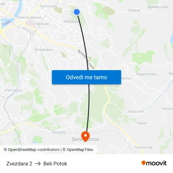 Звездара 2 to Beli Potok map