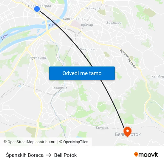 Španskih Boraca to Beli Potok map