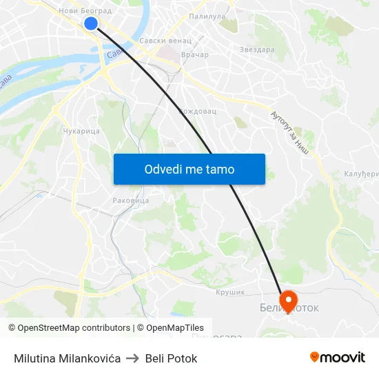 Milutina Milankovića to Beli Potok map