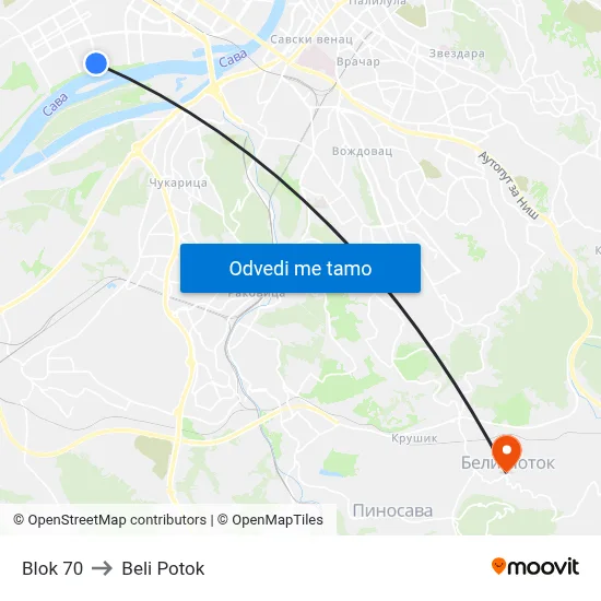 Блок 70 to Beli Potok map