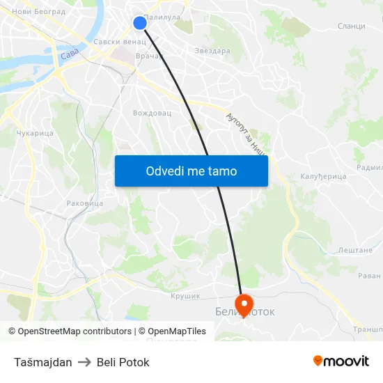 Tašmajdan to Beli Potok map