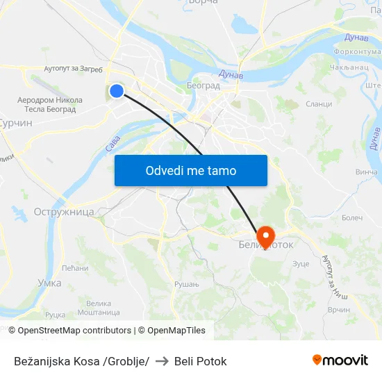 Bežanijska Kosa /Groblje/ to Beli Potok map