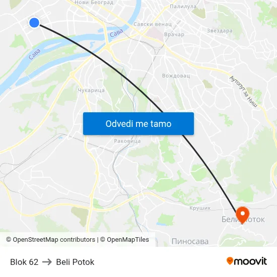 Блок 62 to Beli Potok map
