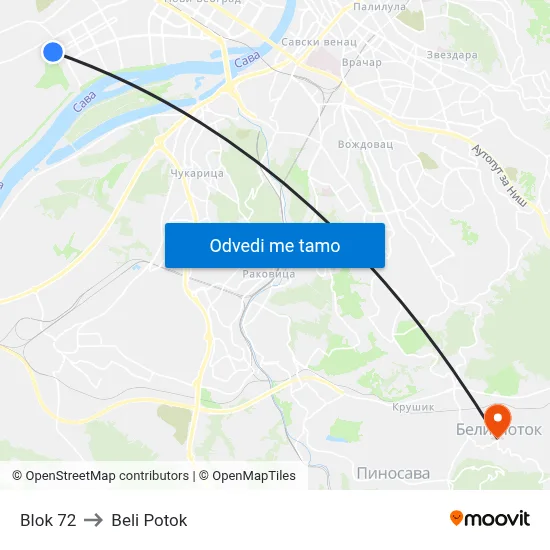 Блок 72 to Beli Potok map