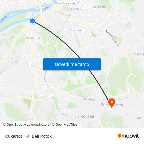 Čukarica to Beli Potok map