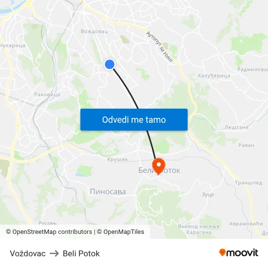 Voždovac to Beli Potok map