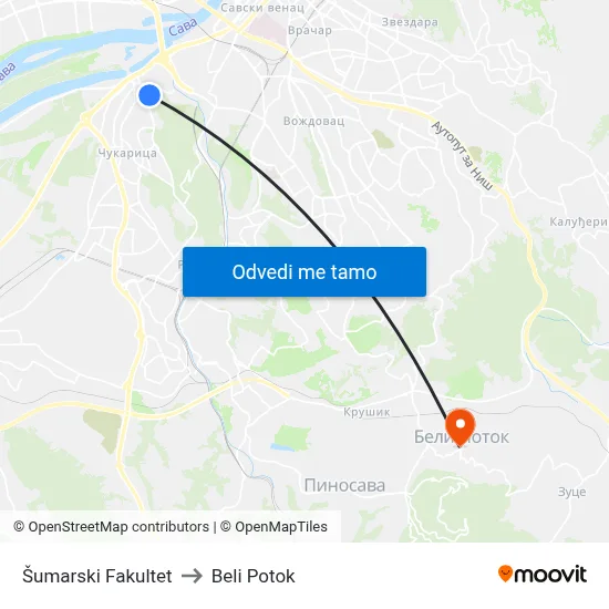 Шумарски Факултет to Beli Potok map