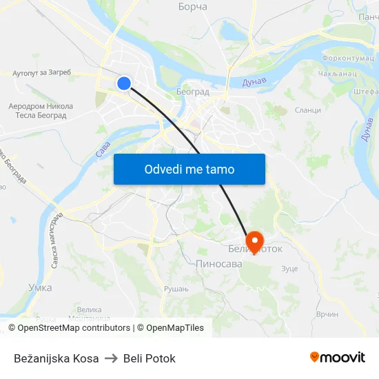 Бежанијска Коса to Beli Potok map