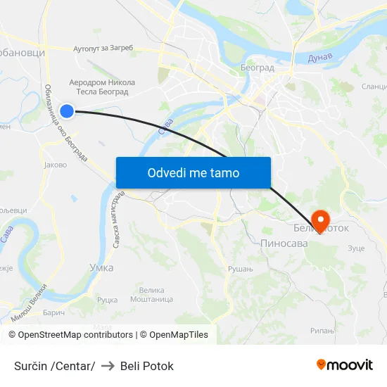 Surčin /Centar/ to Beli Potok map