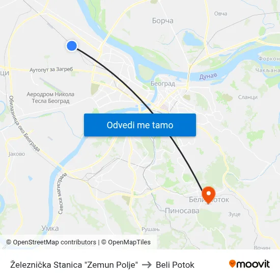 Železnička Stanica "Zemun Polje" to Beli Potok map