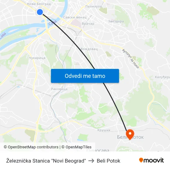 Železnička Stanica "Novi Beograd" to Beli Potok map