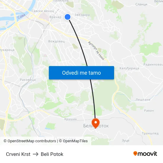 Crveni Krst to Beli Potok map