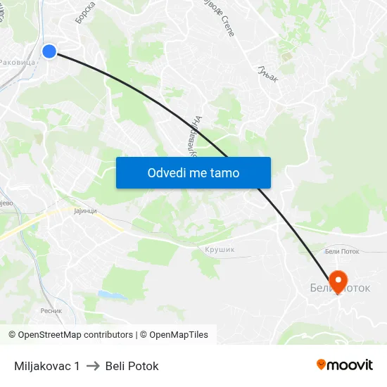 Miljakovac 1 to Beli Potok map