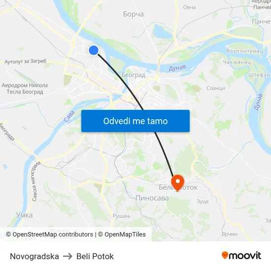 Novogradska to Beli Potok map