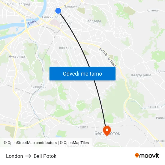 London to Beli Potok map