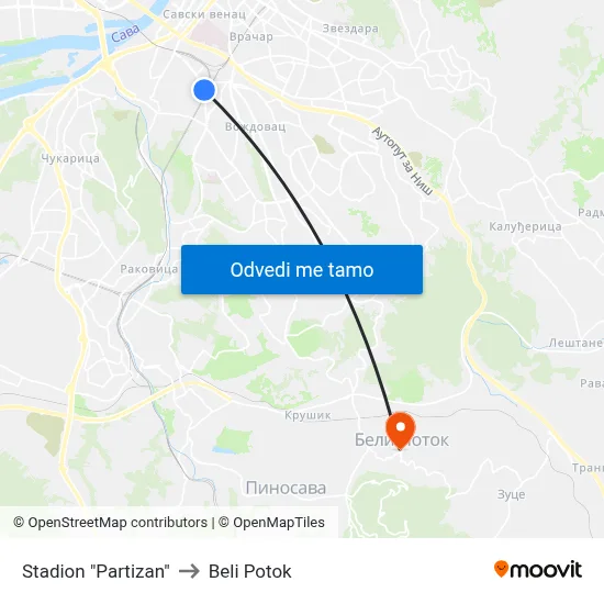 Stadion "Partizan" to Beli Potok map