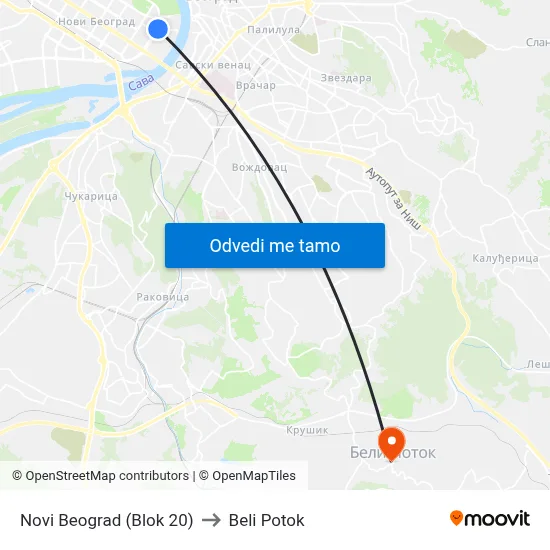 Novi Beograd (Blok 20) to Beli Potok map