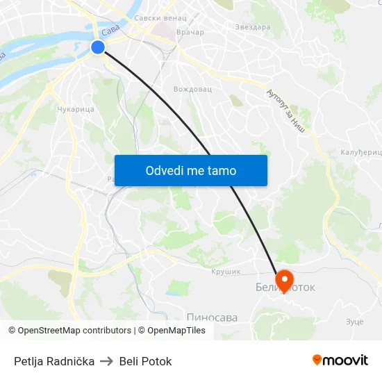 Petlja Radnička to Beli Potok map