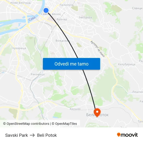 Savski Park to Beli Potok map