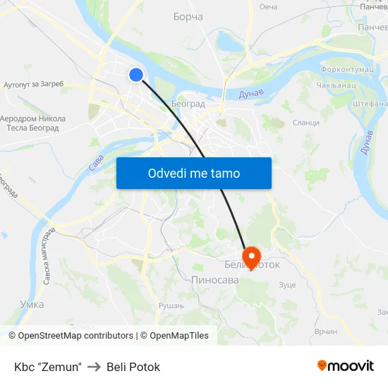 Kbc "Zemun" to Beli Potok map