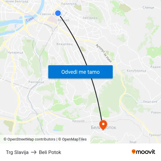 Trg Slavija to Beli Potok map