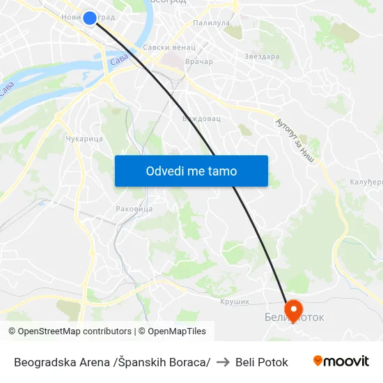 Beogradska Arena /Španskih Boraca/ to Beli Potok map