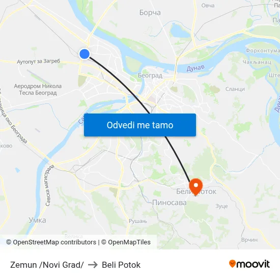 Zemun /Novi Grad/ to Beli Potok map