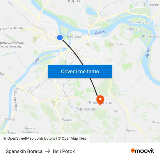 Španskih Boraca to Beli Potok map
