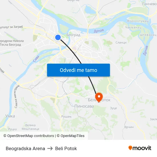 Beogradska Arena to Beli Potok map