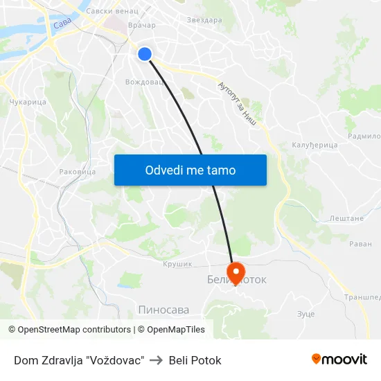 Dom Zdravlja "Voždovac" to Beli Potok map