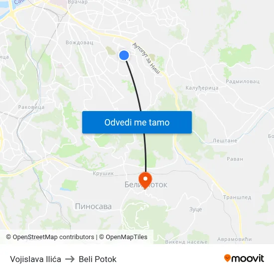 Vojislava Ilića to Beli Potok map