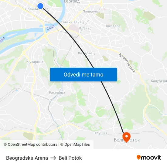 Beogradska Arena to Beli Potok map