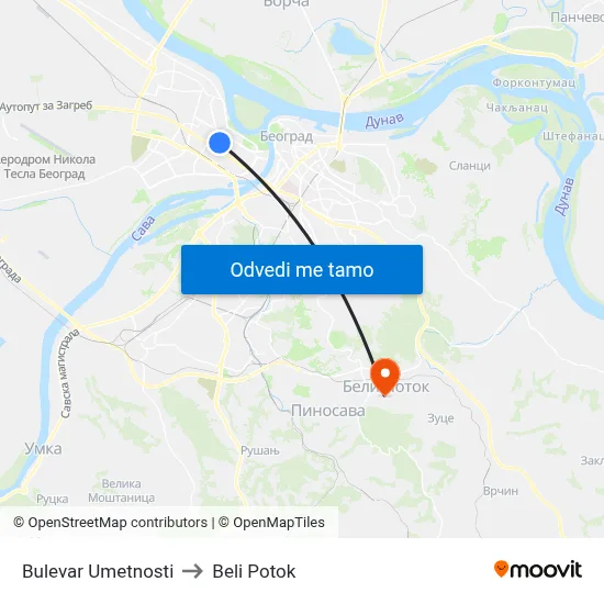 Bulevar Umetnosti to Beli Potok map