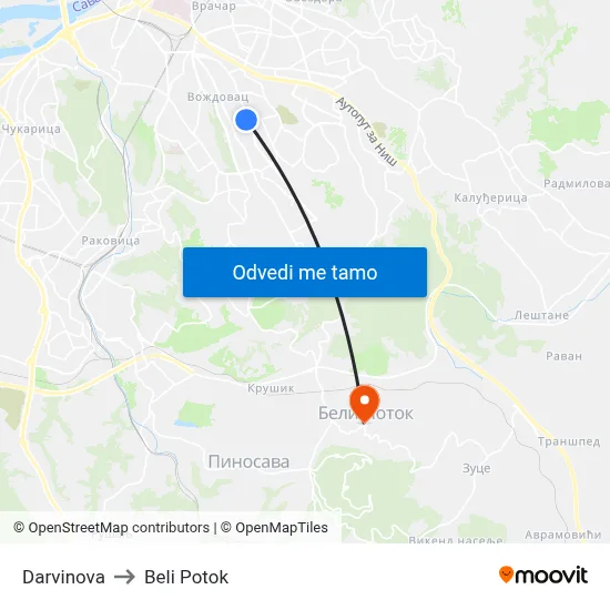 Darvinova to Beli Potok map
