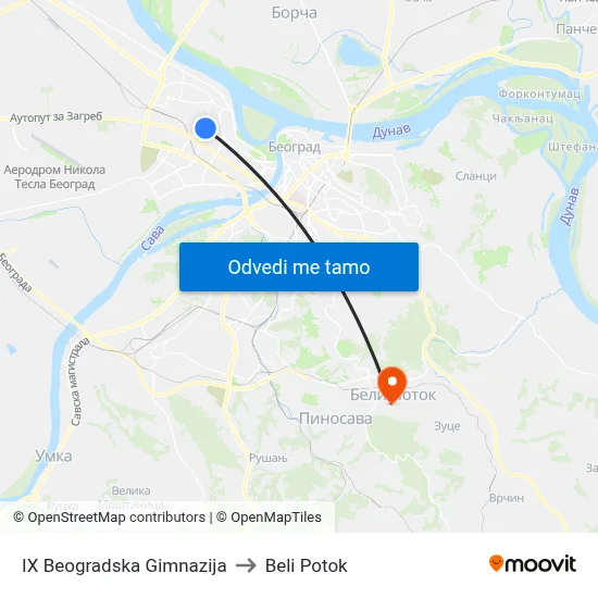 IX Beogradska Gimnazija to Beli Potok map
