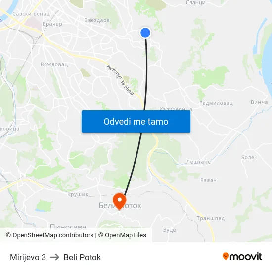 Mirijevo 3 to Beli Potok map