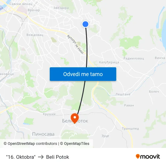 "16. Октобра" to Beli Potok map
