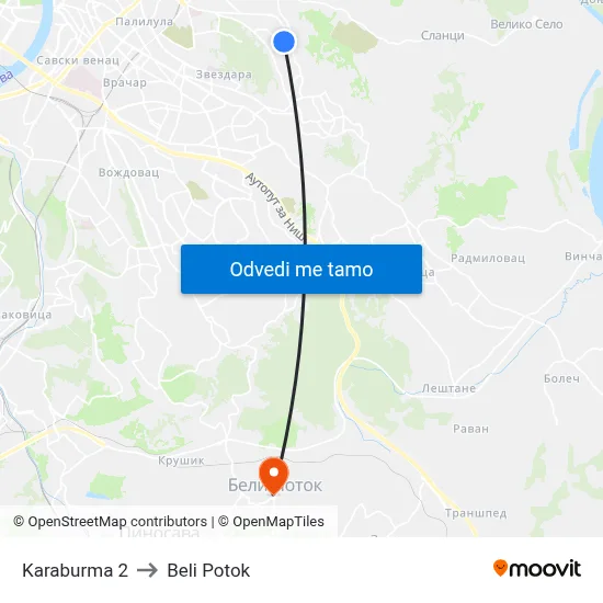 Karaburma 2 to Beli Potok map
