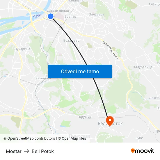 Mostar to Beli Potok map
