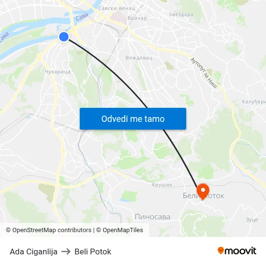Ada Ciganlija to Beli Potok map