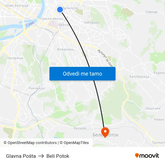 Glavna Pošta to Beli Potok map