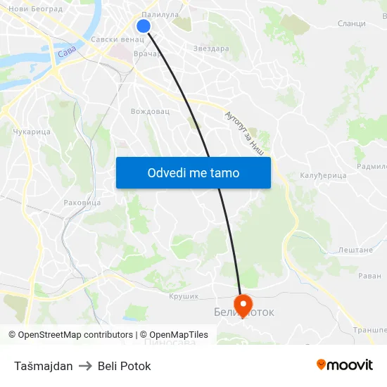 Tašmajdan to Beli Potok map
