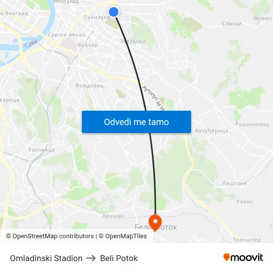 Омладински Стадион to Beli Potok map