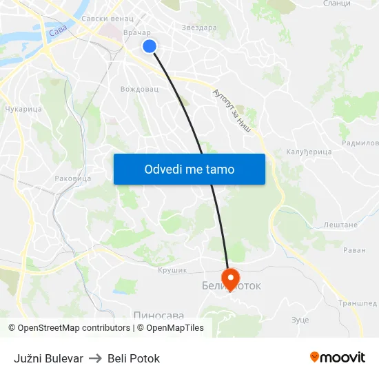 Јужни Булевар to Beli Potok map