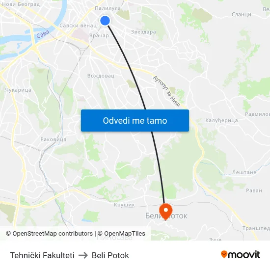 Tehnički Fakulteti to Beli Potok map