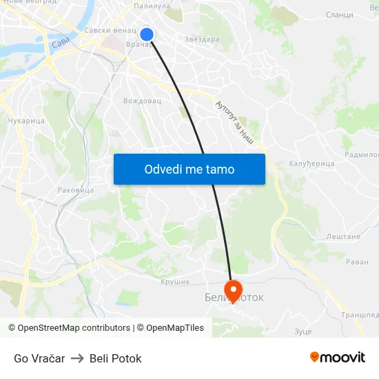 Go Vračar to Beli Potok map